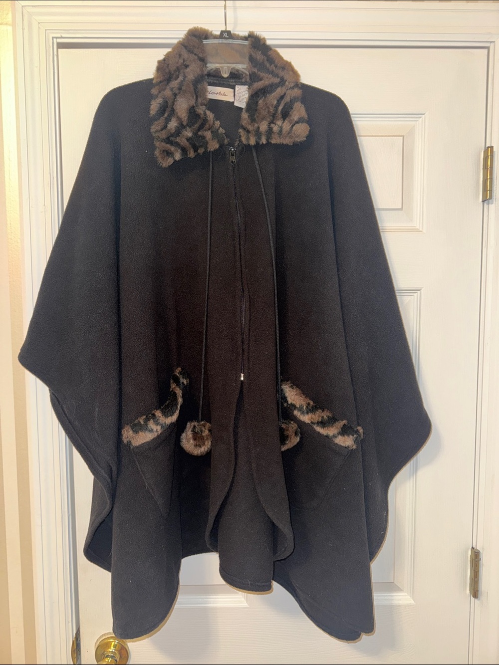 Black Cape with Leopard-Print Faux Fur Trim